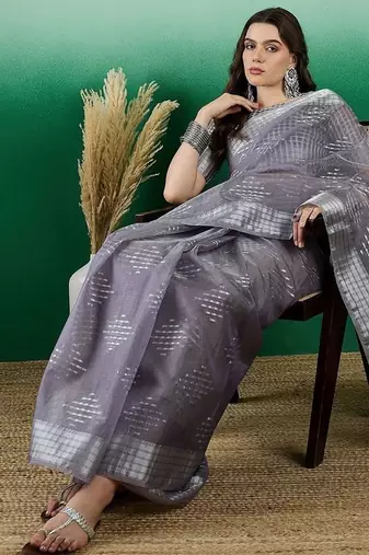 Grey zari woven kanjeevaram saree with blouse