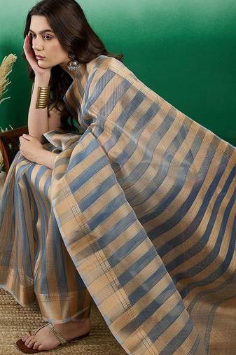 Blue striped zari woven kanjeevaram saree with blouse piece