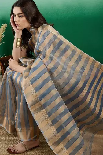 Blue striped zari woven kanjeevaram saree with blouse piece