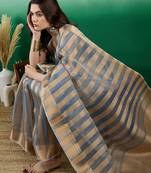 Blue striped zari woven kanjeevaram saree with blouse piece