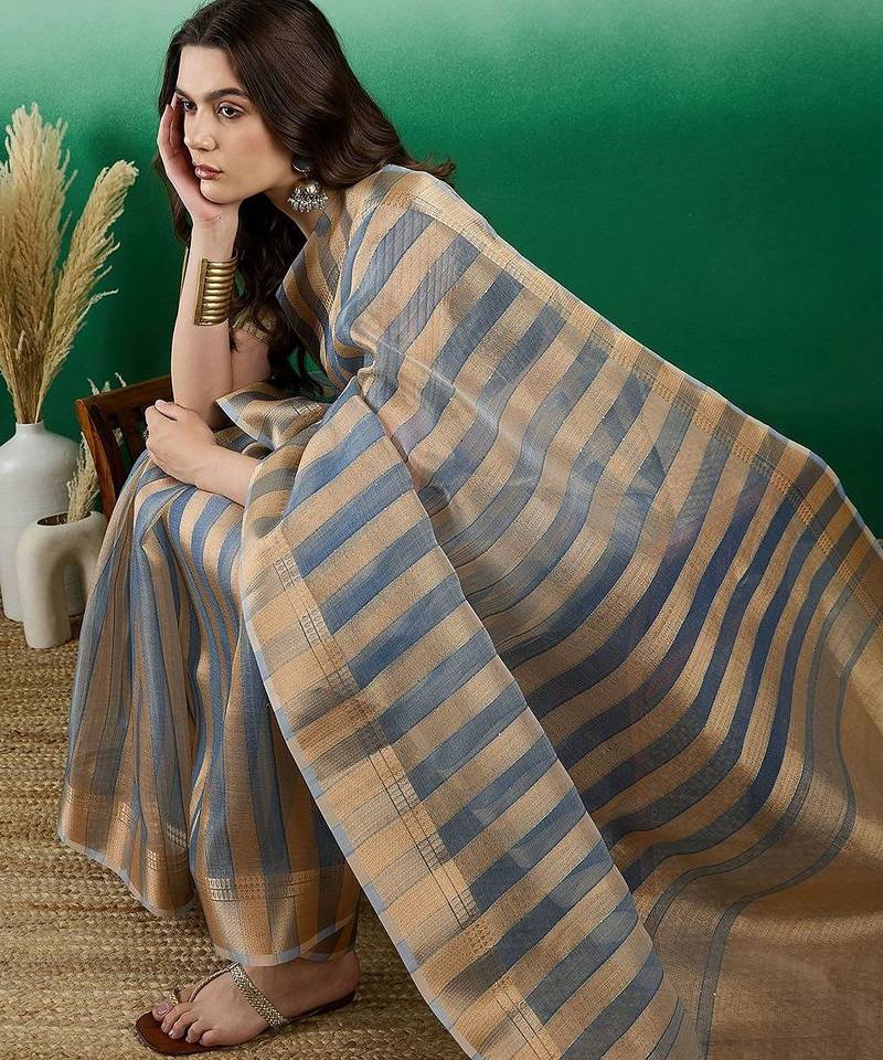 Blue striped zari woven kanjeevaram saree with blouse piece