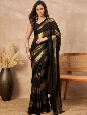 Black black satin ethnic solid festive wear matching blouse & sarees 2
