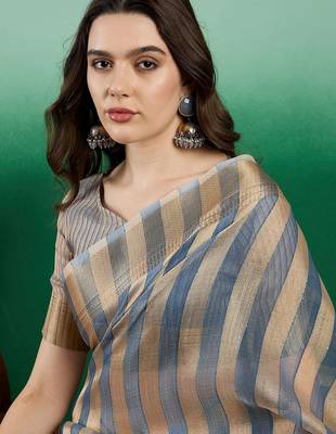 Blue striped zari woven kanjeevaram saree with blouse piece 2