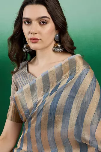 Blue striped zari woven kanjeevaram saree with blouse piece
