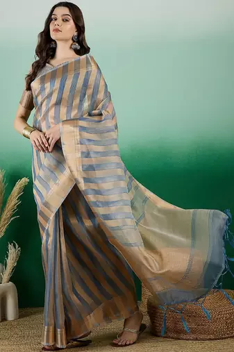 Blue striped zari woven kanjeevaram saree with blouse piece
