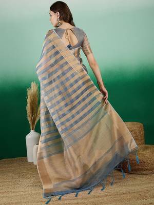 Blue striped zari woven kanjeevaram saree with blouse piece 4
