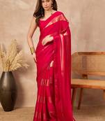 Red striped foil print saree with unstitched blouse piece