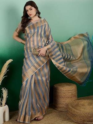Blue striped zari woven kanjeevaram saree with blouse piece 5