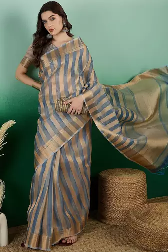 Blue striped zari woven kanjeevaram saree with blouse piece