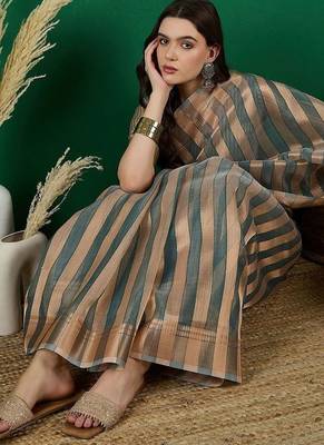 Green zari woven striped kanjeevaram saree with blouse piece 1