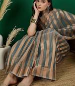 Green zari woven striped kanjeevaram saree with blouse piece
