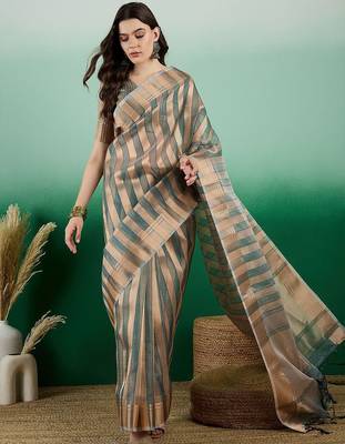 Green zari woven striped kanjeevaram saree with blouse piece 2