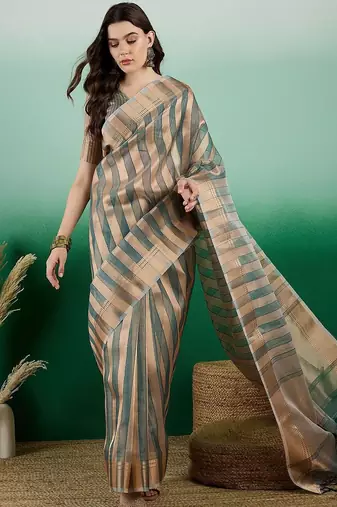 Green zari woven striped kanjeevaram saree with blouse piece