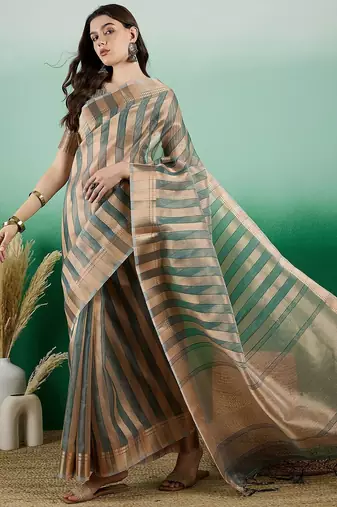 Green zari woven striped kanjeevaram saree with blouse piece
