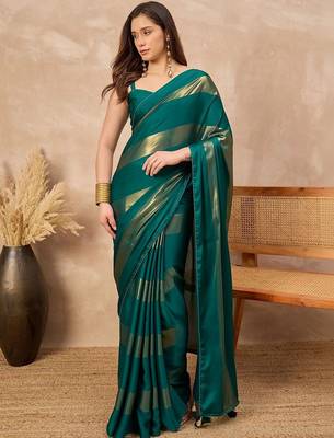 Green striped foil print saree with unstitched blouse piece 1