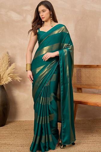 Green striped foil print saree with unstitched blouse piece