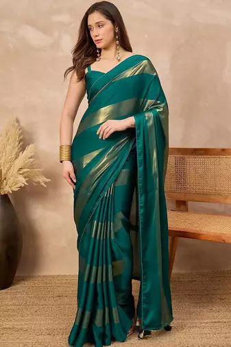 Green striped foil print saree with unstitched blouse piece
