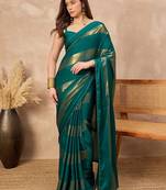 Green striped foil print saree with unstitched blouse piece