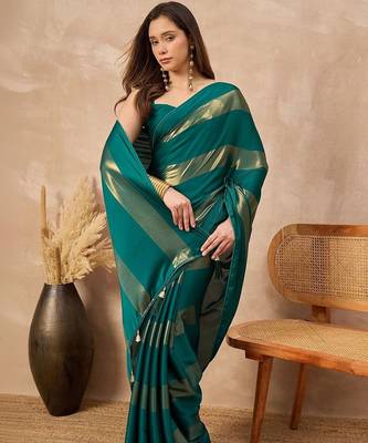 Green striped foil print saree with unstitched blouse piece 3