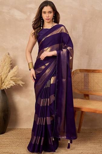 Purple purple satin ethnic solid party wear matching blouse & sarees