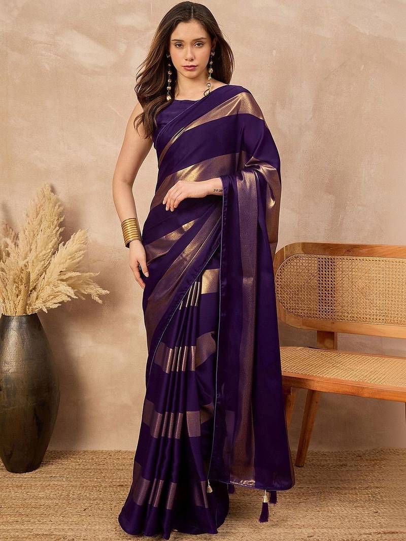 Purple purple satin ethnic solid party wear matching blouse & sarees