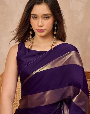 Purple purple satin ethnic solid party wear matching blouse & sarees 2