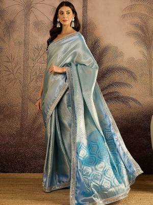Blue woven design saree with unstitched blouse 2