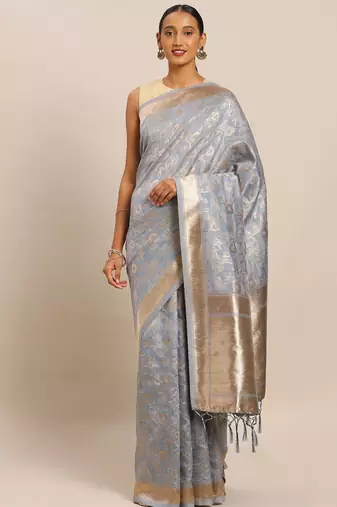 Grey grey ethnic motifs woven design zari banarasi saree