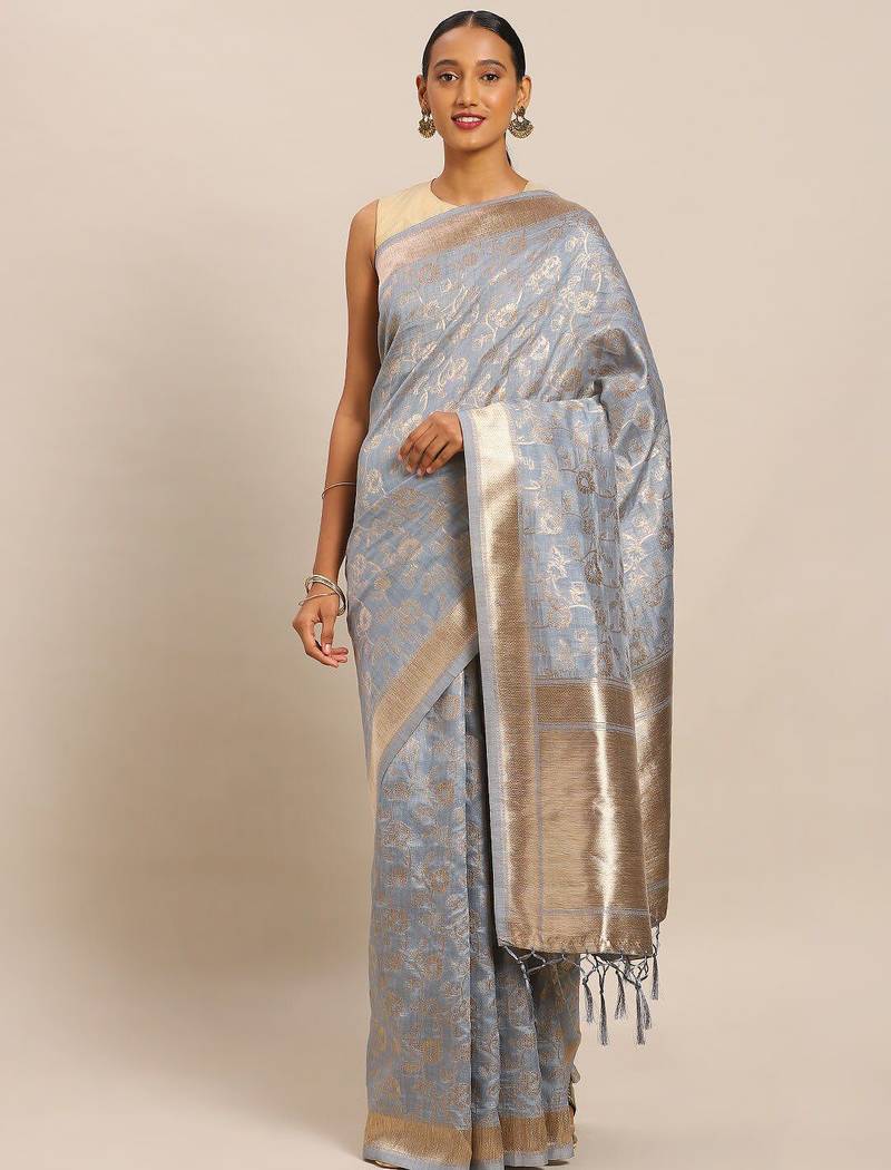 Grey grey ethnic motifs woven design zari banarasi saree