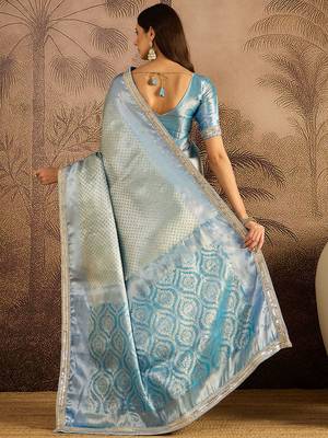 Blue woven design saree with unstitched blouse 3