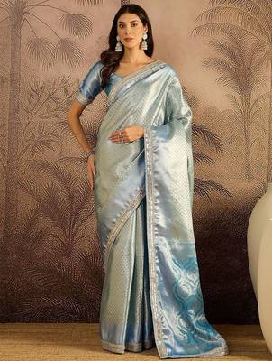 Blue woven design saree with unstitched blouse 4