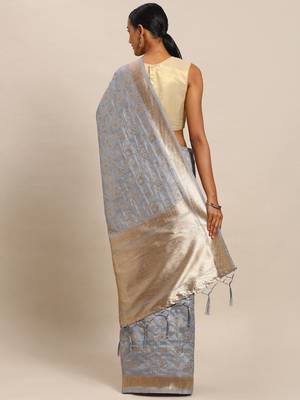 Grey grey ethnic motifs woven design zari banarasi saree 2