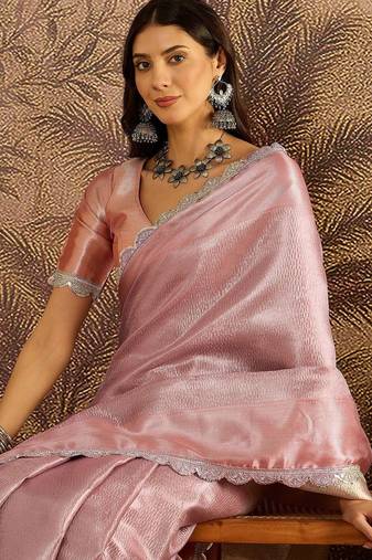 Pink sequin embellished saree with unstitched blouse piece
