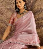 Pink sequin embellished saree with unstitched blouse piece