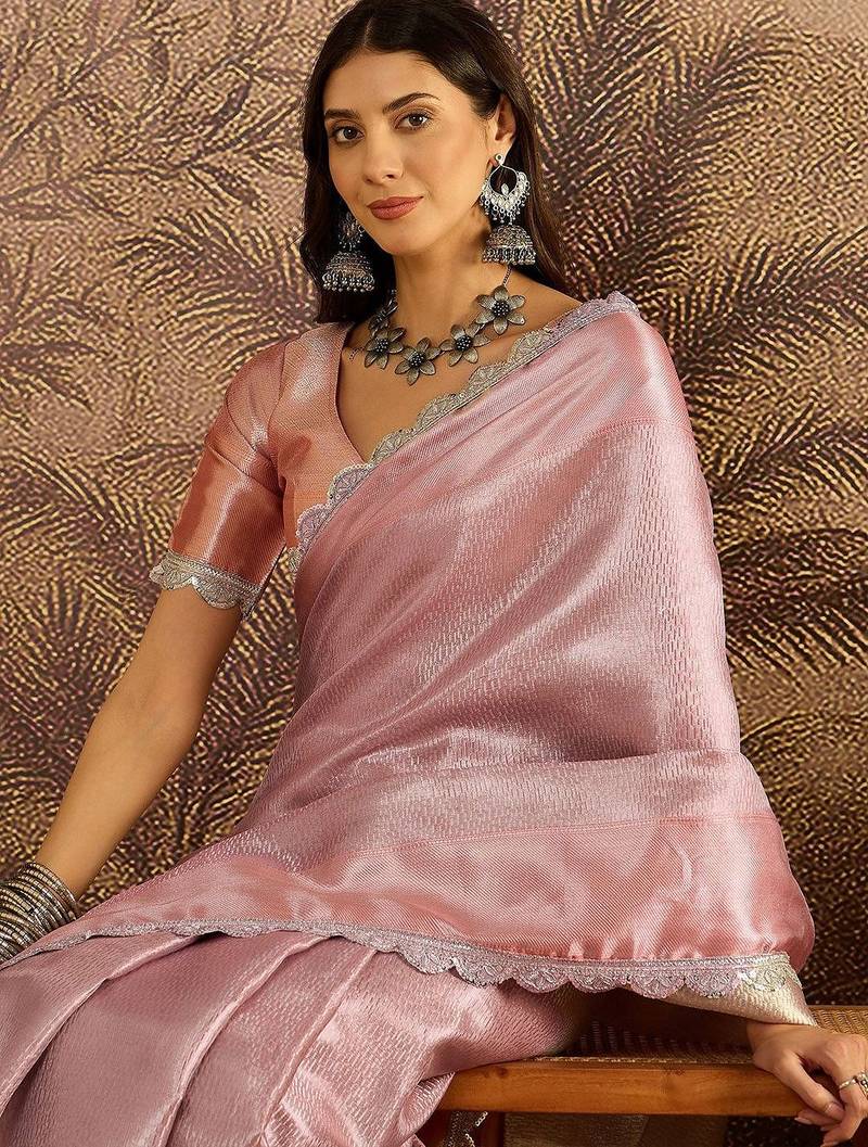 Pink sequin embellished saree with unstitched blouse piece
