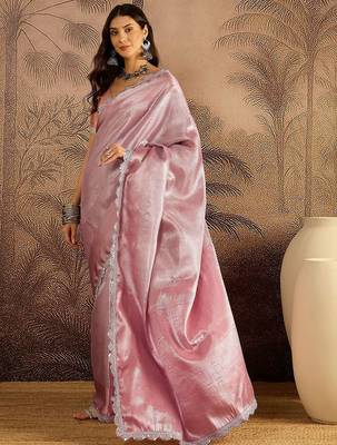 Pink sequin embellished saree with unstitched blouse piece 2