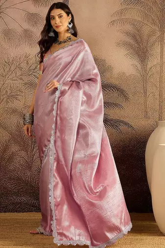 Pink sequin embellished saree with unstitched blouse piece