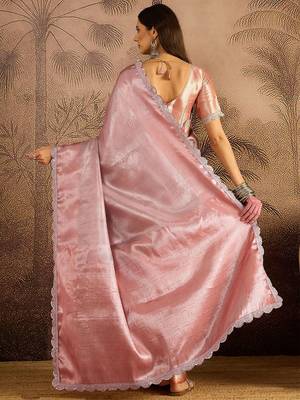 Pink sequin embellished saree with unstitched blouse piece 3