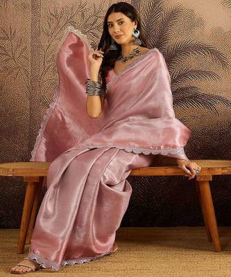 Pink sequin embellished saree with unstitched blouse piece 4