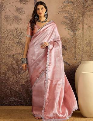 Pink sequin embellished saree with unstitched blouse piece 5