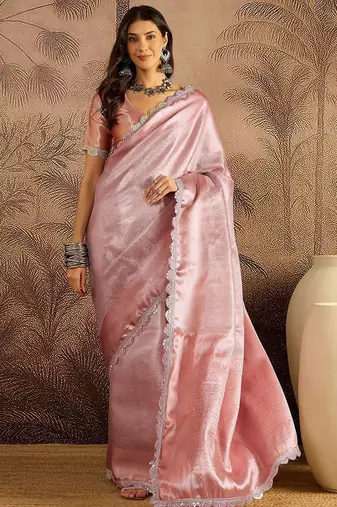 Pink sequin embellished saree with unstitched blouse piece