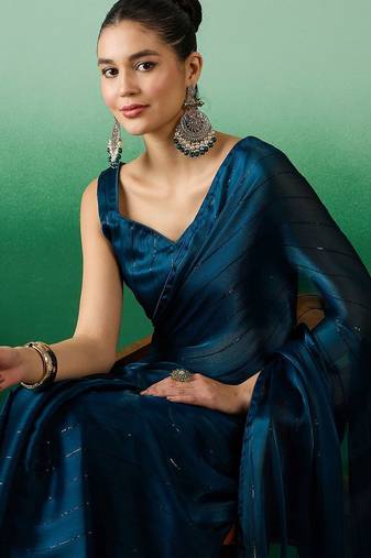 Teal striped satin sarees