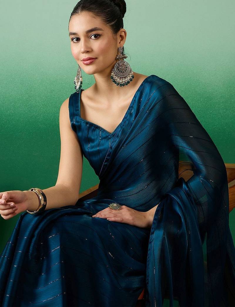 Teal striped satin sarees