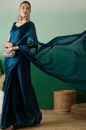 Teal striped satin sarees
