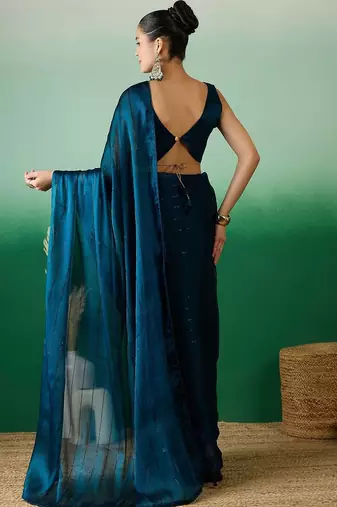 Teal striped satin sarees