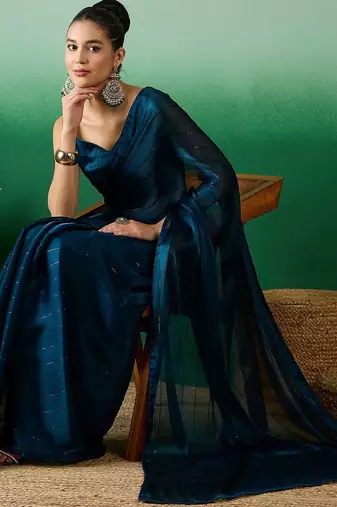 Teal striped satin sarees