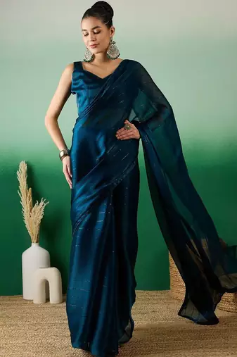 Teal striped satin sarees