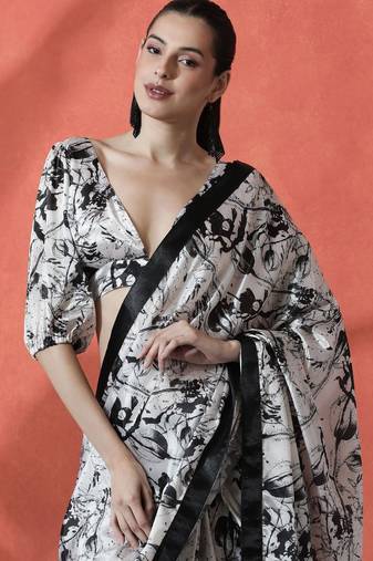 Off white ready to wear satin floral digital printed saree
