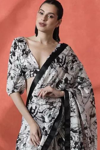 Off white ready to wear satin floral digital printed saree