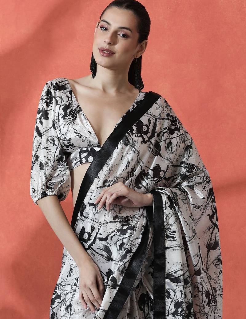 Off white ready to wear satin floral digital printed saree